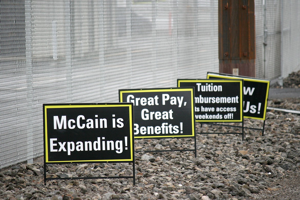 Recruitment signs outside the McCain Foods facility in Othello.