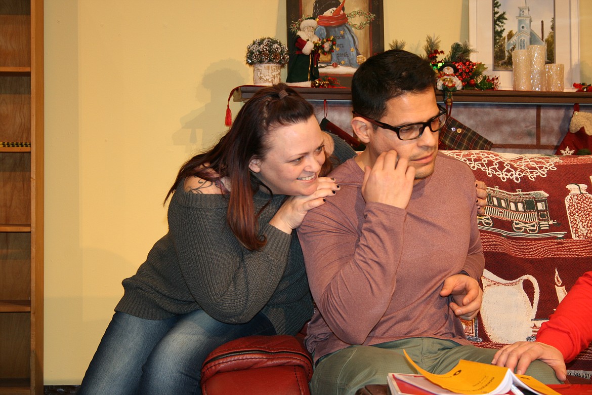 Nicole (Jessica Hogge, left) is really, really interested in getting to know Dwain (Lui Navarro, right). The Masquers Theater production of “Sleeping Indoors” opens Dec. 3.