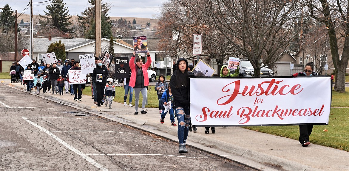 Several dozen people participated in a march Saturday, Nov. 20 that culminated at the Lake County Courthouse in Polson. The procession was intended to raise awareness of the death of Saul Blackweasel who died in a crash in January at age 18. (Lake County Leader)