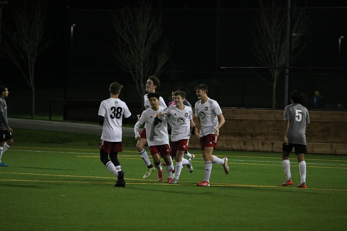 Photo by ZAC CHAN
This past weekend, the Timbers North FC 06 Boys Red soccer team traveled to Seattle to play in the Washington Cup. In their first match, the TNFC fell short 2-1 to Eagleclaw FB Club. Jacob Molina scored on a PK for the Timbers. On Saturday, the Timbers won 3-2 vs Steel United WA B06 Elite. Connor Jump scored all three goals for the Timbers with Logan Delbridge and Jacob Molina each with an assist. The Timbers travel to Portland in December to begin league play. Pictured above, The Timbers North players celebrate after the Timbers score and take the lead at the Washington Cup. From left are Logan Delbridge, Natatqn Allan, Kai Delio, Connor Jump and Bryant Donovan.