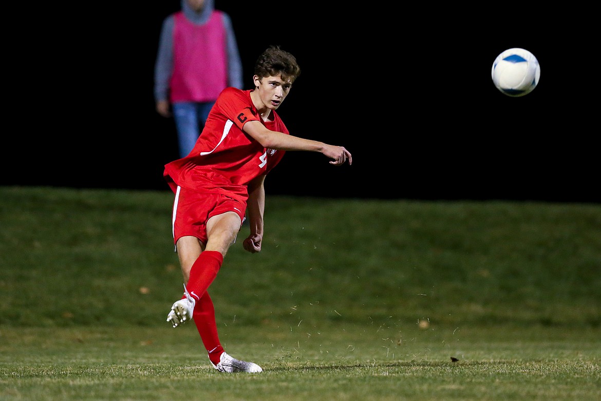 Junior Evan Dickinson sends the ball upfield during the 4A state championship against Bishop Kelly on Oct. 23. The centerback earned second-team all-state honors.