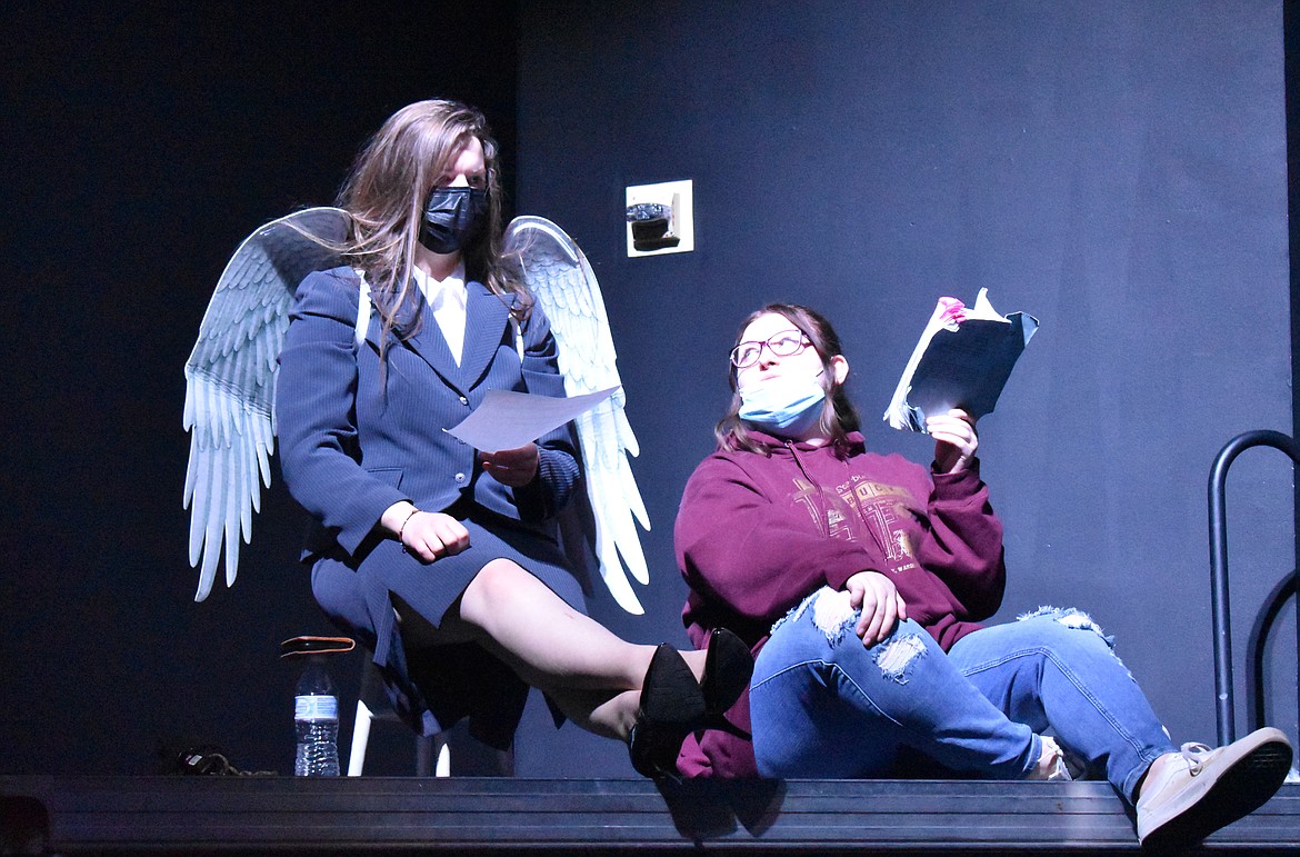 Final lines are being memorized, costumes adjusted and kinks worked out during one of the final few rehearsals Nov. 23. At left, wearing wings, is Emma Selmann and Haylee Herrmann is to her right.