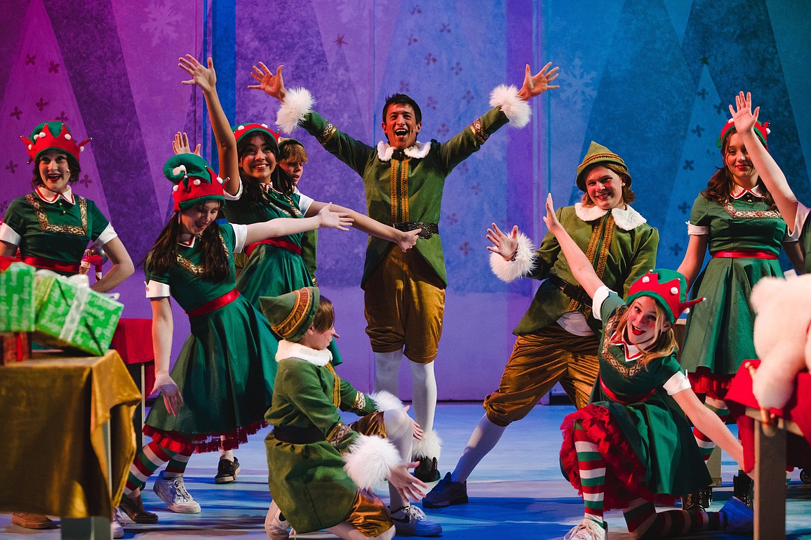 North Pole elves and Mikey Winn as Buddy in Whitefish Theatre Co.’s “Elf The Musical” - photo by Matt Wetzler at Thewmatt Photography