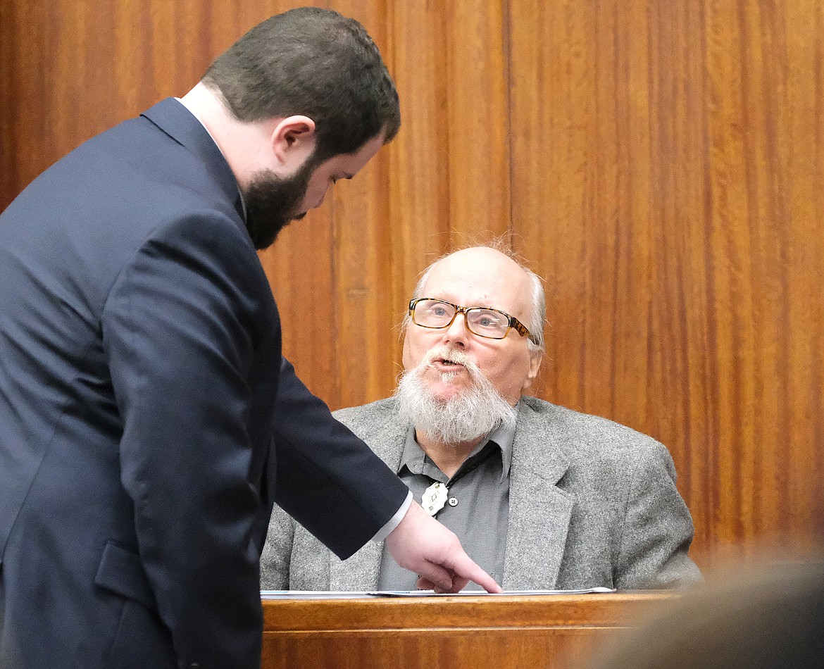 Deputy County Attorney Jeff Zwang cross-examines Darrel "DC" Orr on the witness stand during Orr's assault trial in Lincoln County District Court on Dec. 1, 2021. (Paul Sievers/The Western News)