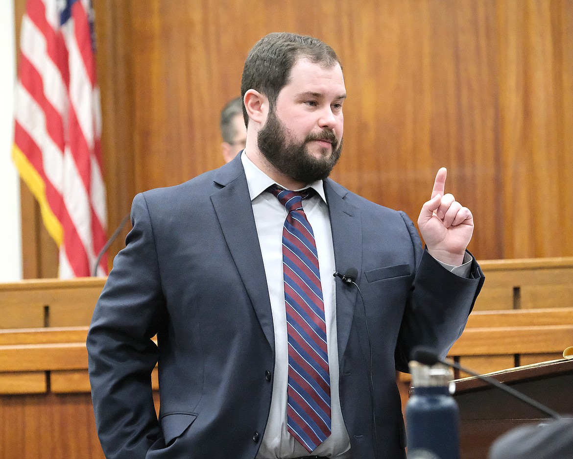 Deputy County Attorney Jeff Zwang speaks to members of the jury in Lincoln County District Court. (Paul Sievers/The Western News)