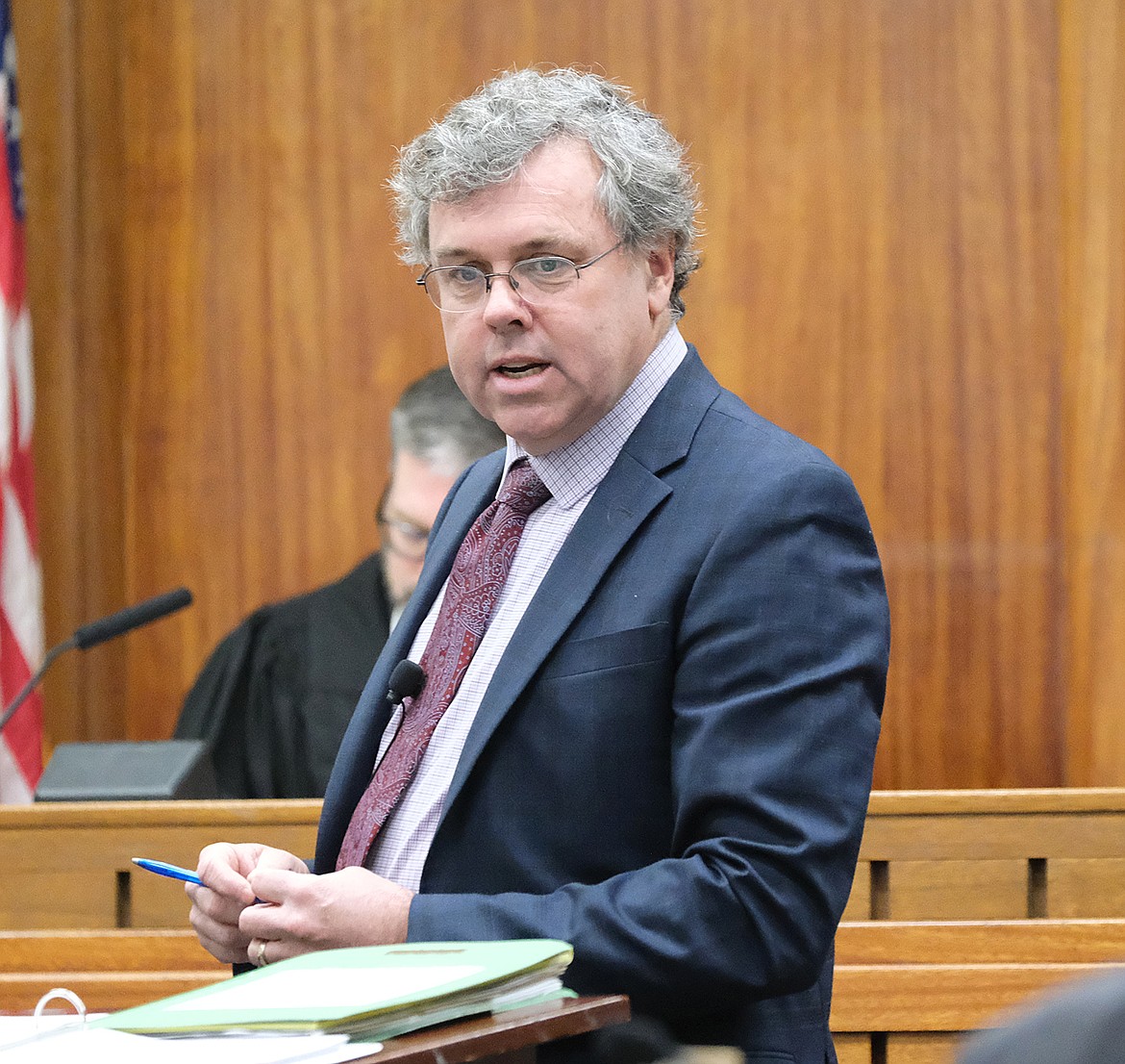 Attorney Sean Hinchey addresses the jury at Darrel "DC" Orr's assault trail in Lincoln County District Court. (Paul Sievers/The Western News)