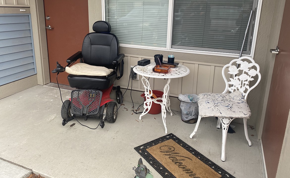 The modest patio of senior resident Patricia Jackson, the scene of an attempted theft last Saturday night in Post Falls. Criminals tried to steal her power-chair, but luckily were unable to get away with it, leaving with a few smaller personal items instead. Her neighbor Mari Best, was not so fortunate.