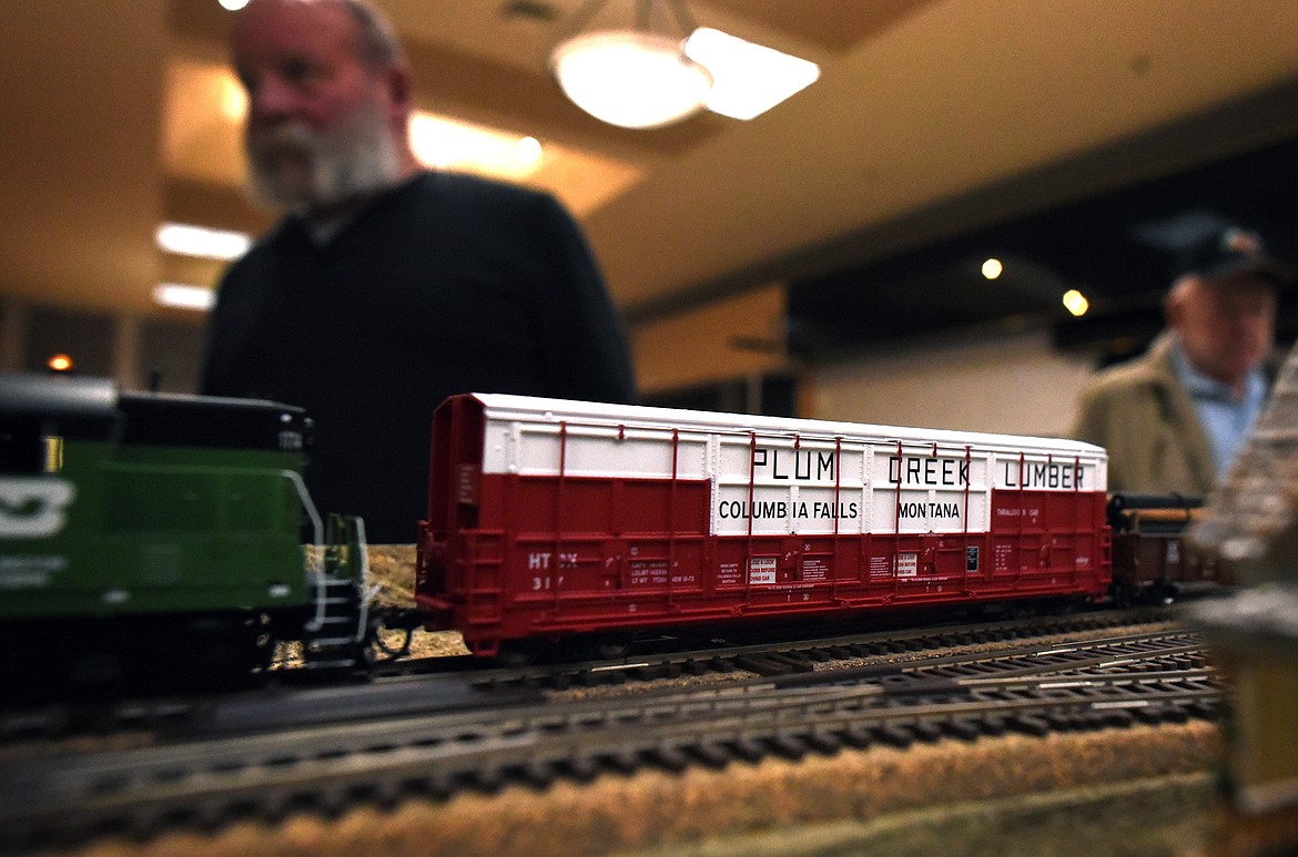 The modelers of the Flathead MO RR Module Group added some local touches to their trains, including this Plum Creek Lumber car. (Jeremy Weber/Daily Inter Lake)