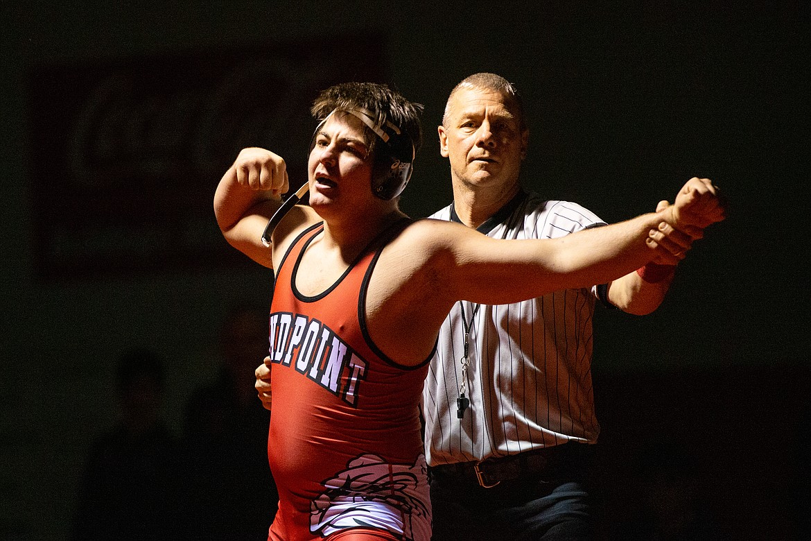 Greg Belgarde shows his emotion after pinning Bonners Ferry's Donald Riess in a heavyweight bout during Wednesday's "B" Cup at Les Rogers Court. Belgarde's victory helped set the tone for the Bulldogs.