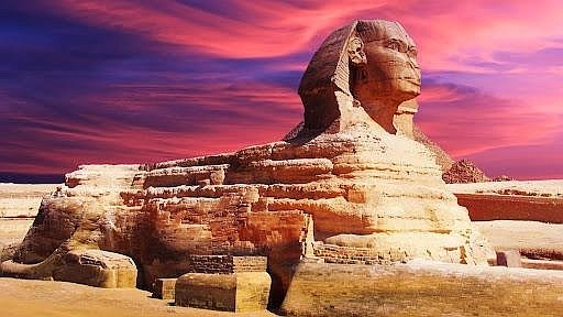 The Sphinx in Egypt with a Pharaoh head and face has the body of a lion symbolizing power.