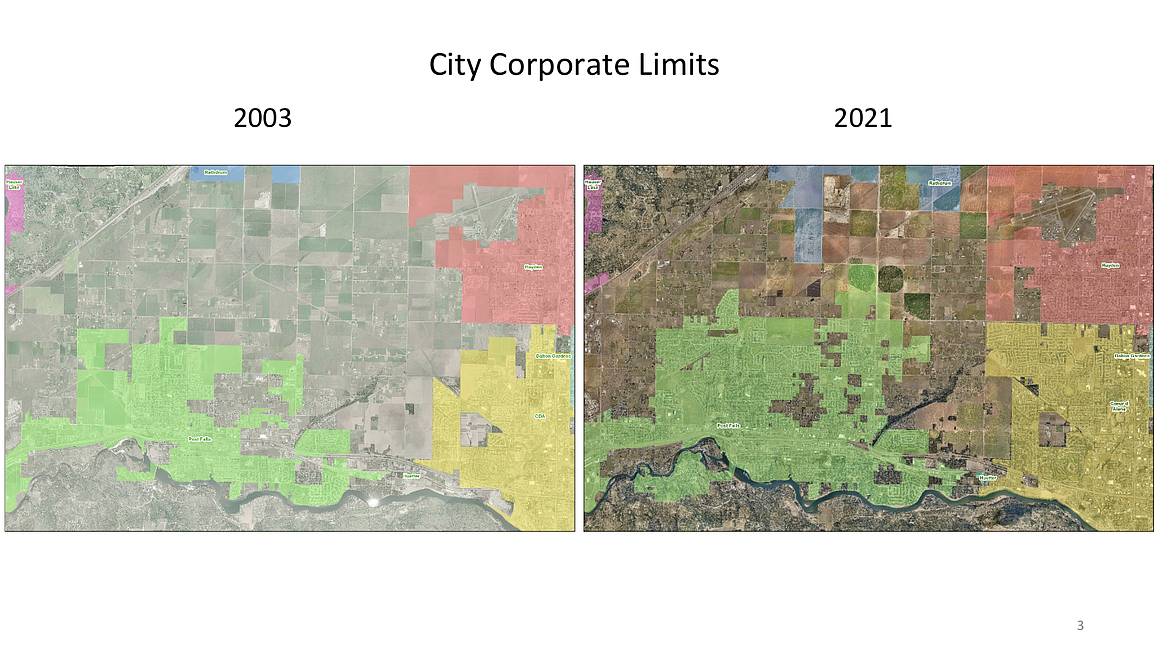 The city limits of Post Falls, green, Coeur d'Alene, yellow and Hayden have grown dramatically over the last two decades. Photo courtesy Kootenai County Community Development Director David Callahan.