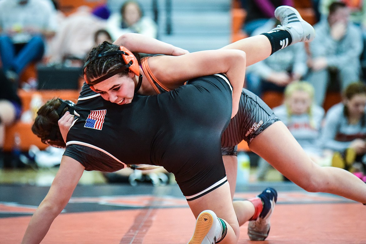 Flathead's Lily Conover wrestles Gallatin's Anne Baldwin at 132 lbs. at the Flathead Girls Invitational at Flathead High School on Saturday, Dec. 11. (Casey Kreider/Daily Inter Lake)