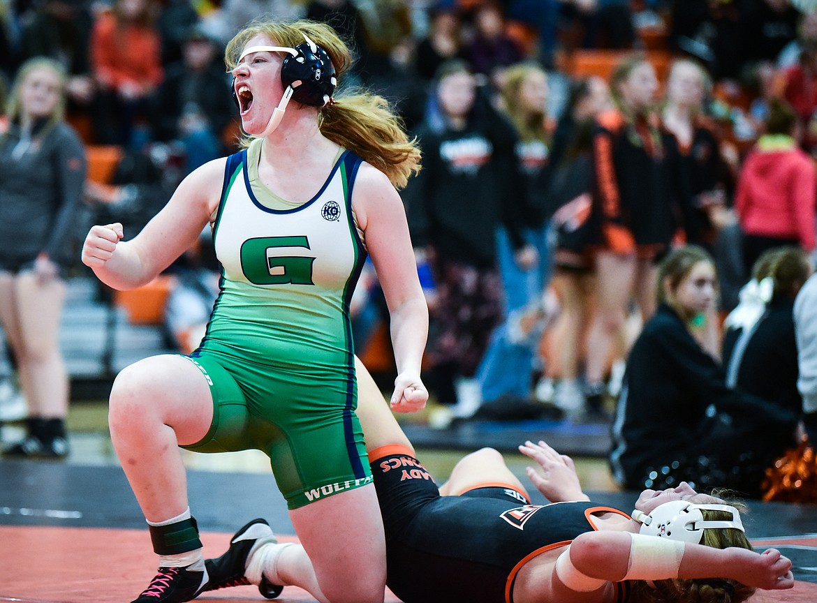 Glacier's Audrey Goodsell celebrates after pinning Billings Senior's Paisley Jaeger at 170 lbs. at the Flathead Girls Invitational at Flathead High School on Saturday, Dec. 11. (Casey Kreider/Daily Inter Lake)