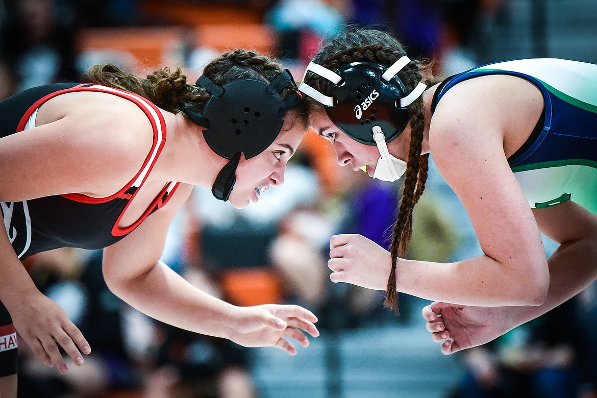 Glacier's Nora Halliday, right, squares off against Bozeman's Kaitlyn Thorn at 132 lbs. at the Flathead Girls Invitational at Flathead High School on Saturday, Dec. 11. (Casey Kreider/Daily Inter Lake)