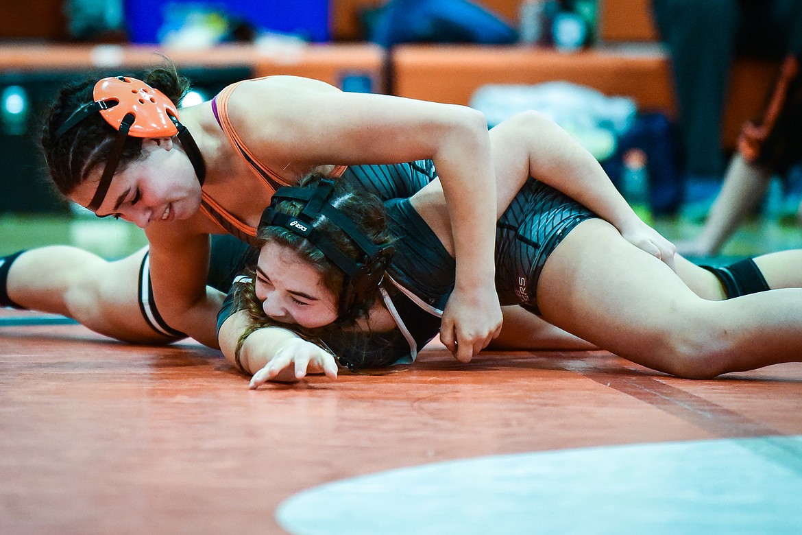 Flathead's Lily Conover wrestles Gallatin's Anne Baldwin at 132 lbs. at the Flathead Girls Invitational at Flathead High School on Saturday, Dec. 11. (Casey Kreider/Daily Inter Lake)