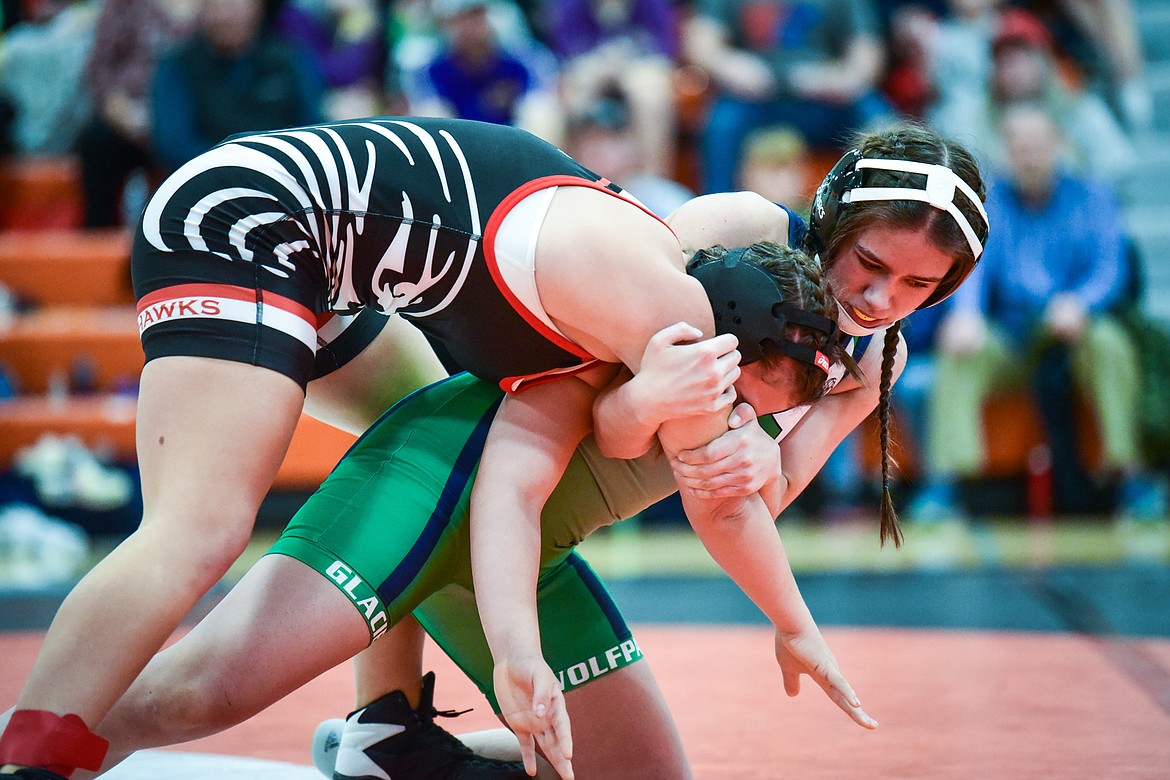 Glacier's Nora Halliday wrestles Bozeman's Kaitlyn Thorn at 132 lbs. at the Flathead Girls Invitational at Flathead High School on Saturday, Dec. 11. (Casey Kreider/Daily Inter Lake)