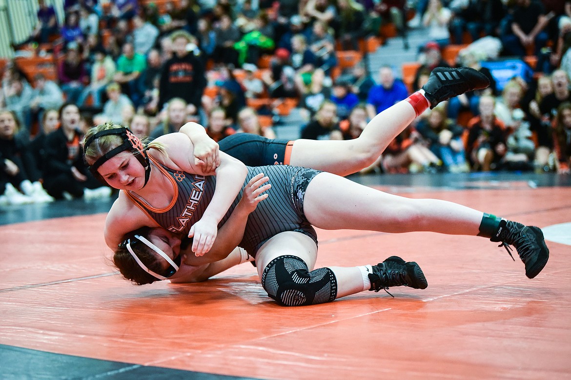 Flathead's McKenna McCarthy wrestles Billings Senior's Natalka Rolfson at 152 lbs. at the Flathead Girls Invitational at Flathead High School on Saturday, Dec. 11. (Casey Kreider/Daily Inter Lake)