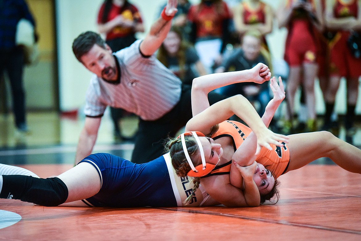 Flathead's Mykel Lee wrestles Missoula Big Sky's Justa Curtiss at 113 lbs. at the Flathead Girls Invitational at Flathead High School on Saturday, Dec. 11. (Casey Kreider/Daily Inter Lake)