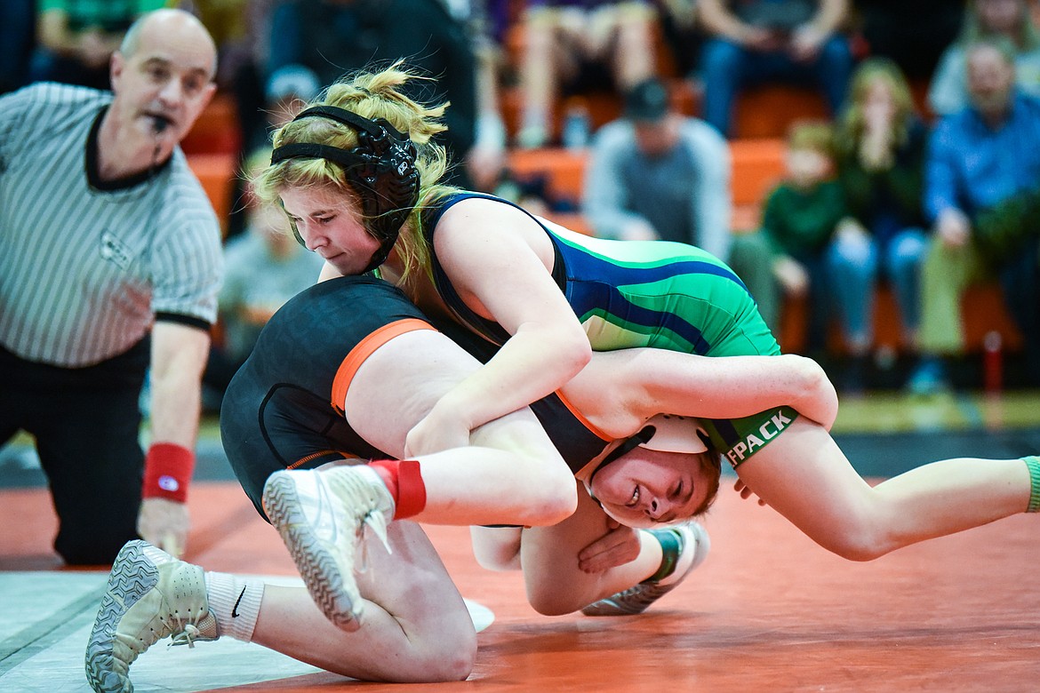 Glacier's Temree Payn-Taylor wrestles Billings Senior's Cheyenne D'Aigneau at 126 lbs. at the Flathead Girls Invitational at Flathead High School on Saturday, Dec. 11. (Casey Kreider/Daily Inter Lake)