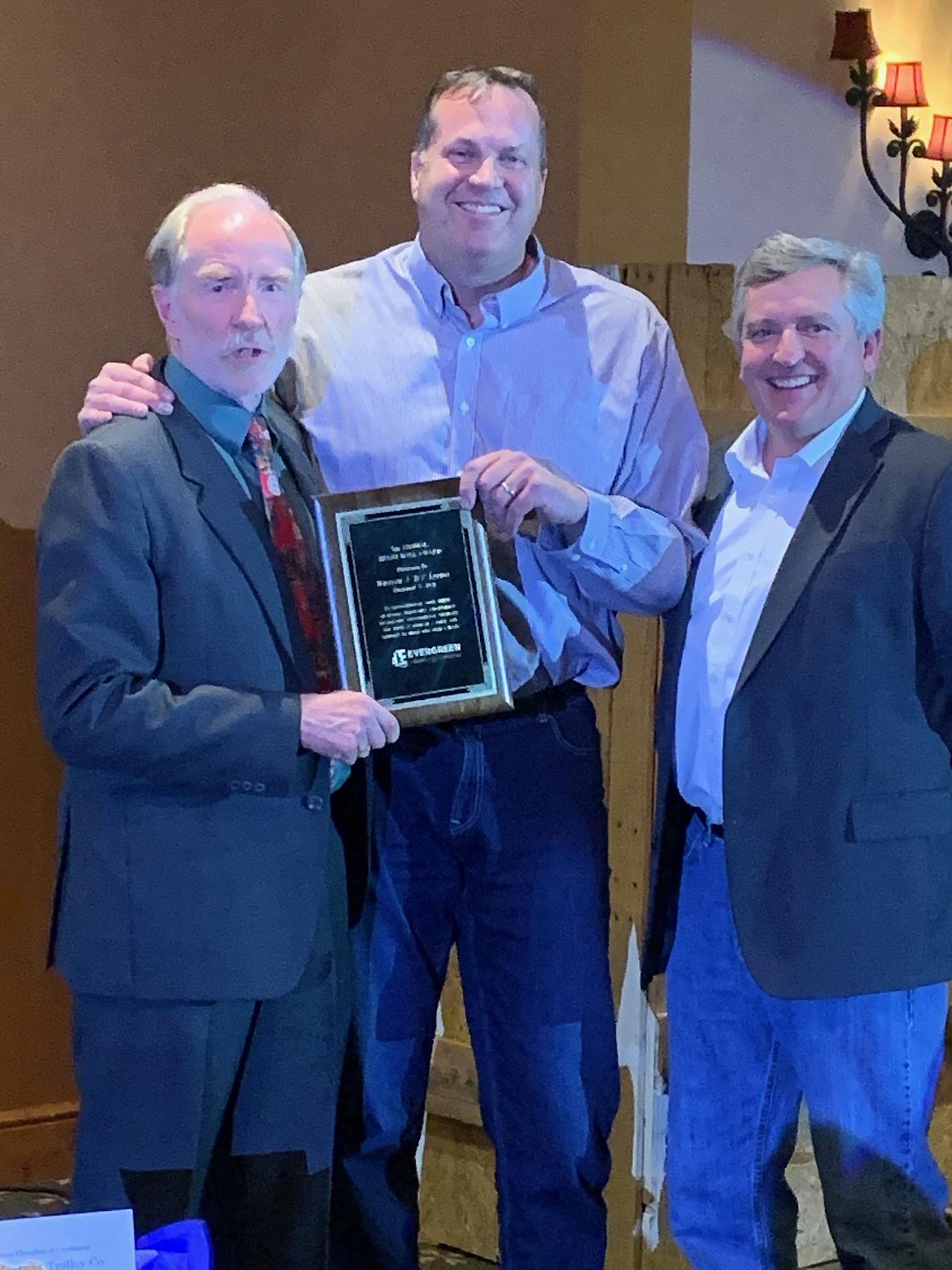 Brent Hall Award Winner B.J. Lupton, left, with incoming Evergreen Chamber President Daren Engellant, center and former Brent Hall Award Winner Frank Garner, right.