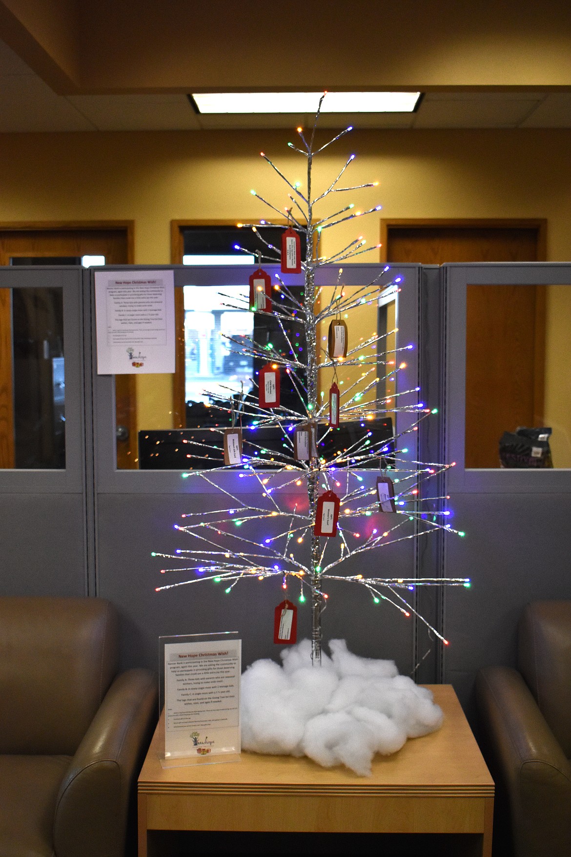 The Wishing Tree, set up in Banner Bank’s lobby, features 11 tags with singular gift requests to provide to one of three families Moses Lake Banner Bank is sponsoring this year through New Hope.