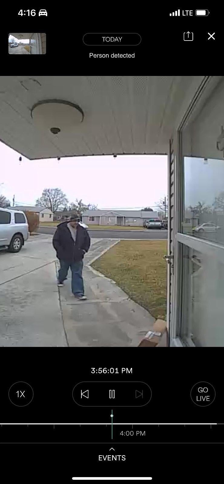 A residential doorbell camera catches images of a suspect in a package theft incident on Nov. 23 in Moses Lake. The camera system not only helped identify the suspect in the incident, but also provided images of the vehicle the man was driving. The images later helped investigators track down the man.