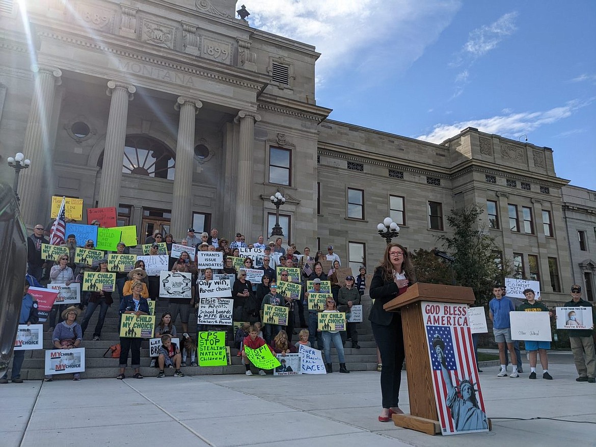 Superintendent of Public Instruction Else Arntzen speaks at a parental rights rally at the state Capitol on Friday, Oct. 1, 2021. (Alex Sakariassen / MTFP)