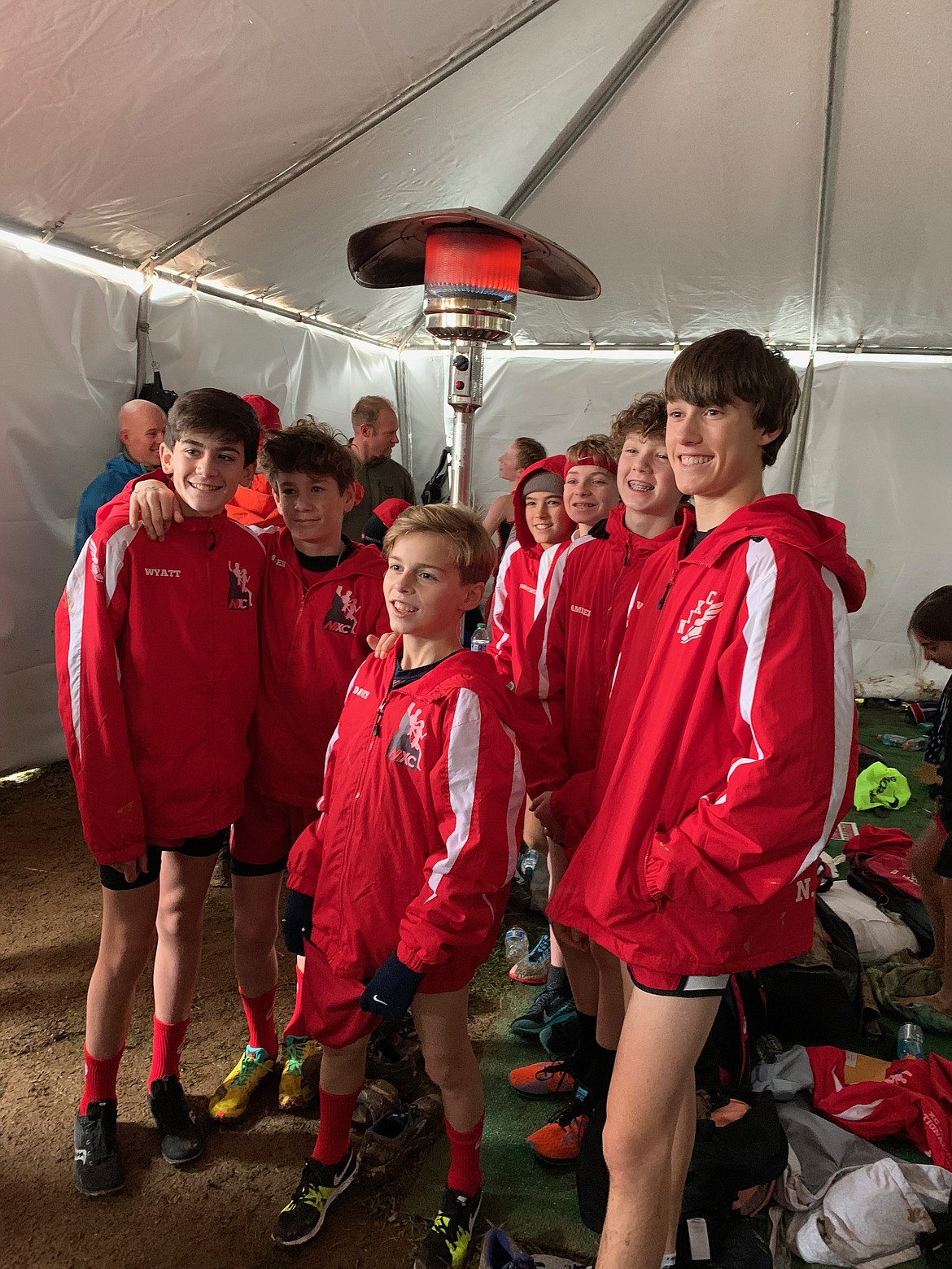 Courtesy photo
The North Idaho Cross Country boys 13-14 year-old team was national runners-up  with 92 points, 8 points out of first place, at the National Junior Olympic Cross Country Championships on Saturday in Paris, Ky. The race had 423 entered. From left from NIXC are Wyatt Carr, 12th (All-American honors); Parker Sterling, 73rd; Davey Dance, 108th; Mitchell Rietze, 21st (All-American honors); Charles Mattila, 172nd; Camden Jonson, 74th; and Wren Jackson, 9th (All-American honors).