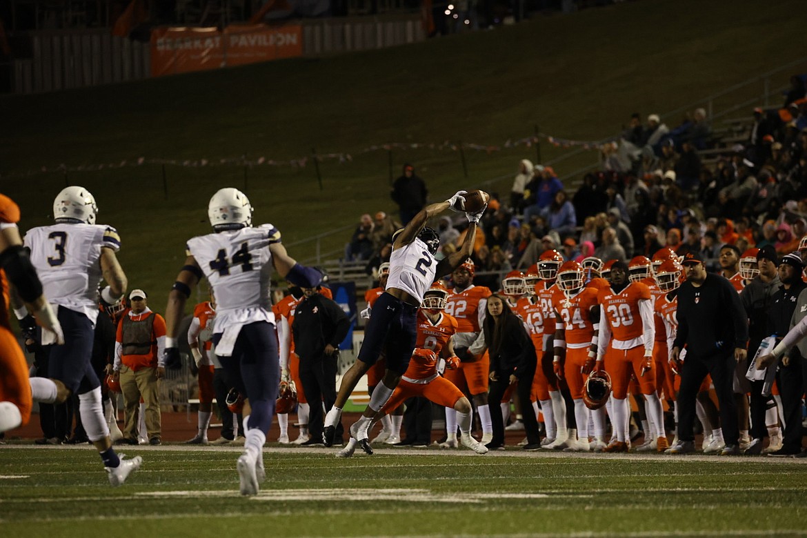 MONTANA STATE CORNERBACK Tre Webb (2) leaps high to intercept a pass on Sam Houston’s first possession Saturday. (Andrew Peterson/MSU photo).