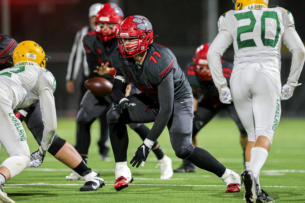 Junior offensive lineman Wylan Dorrel looks to make a block during the game against Lakeland on Oct. 22 at War Memorial Field.