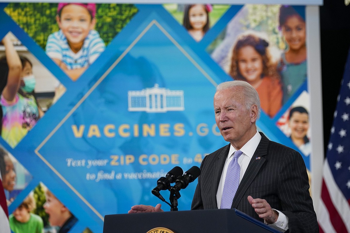 FILE - President Joe Biden talks about the newly approved COVID-19 vaccine for children ages 5-11 from the South Court Auditorium on the White House complex in Washington, Wednesday, Nov. 3, 2021.