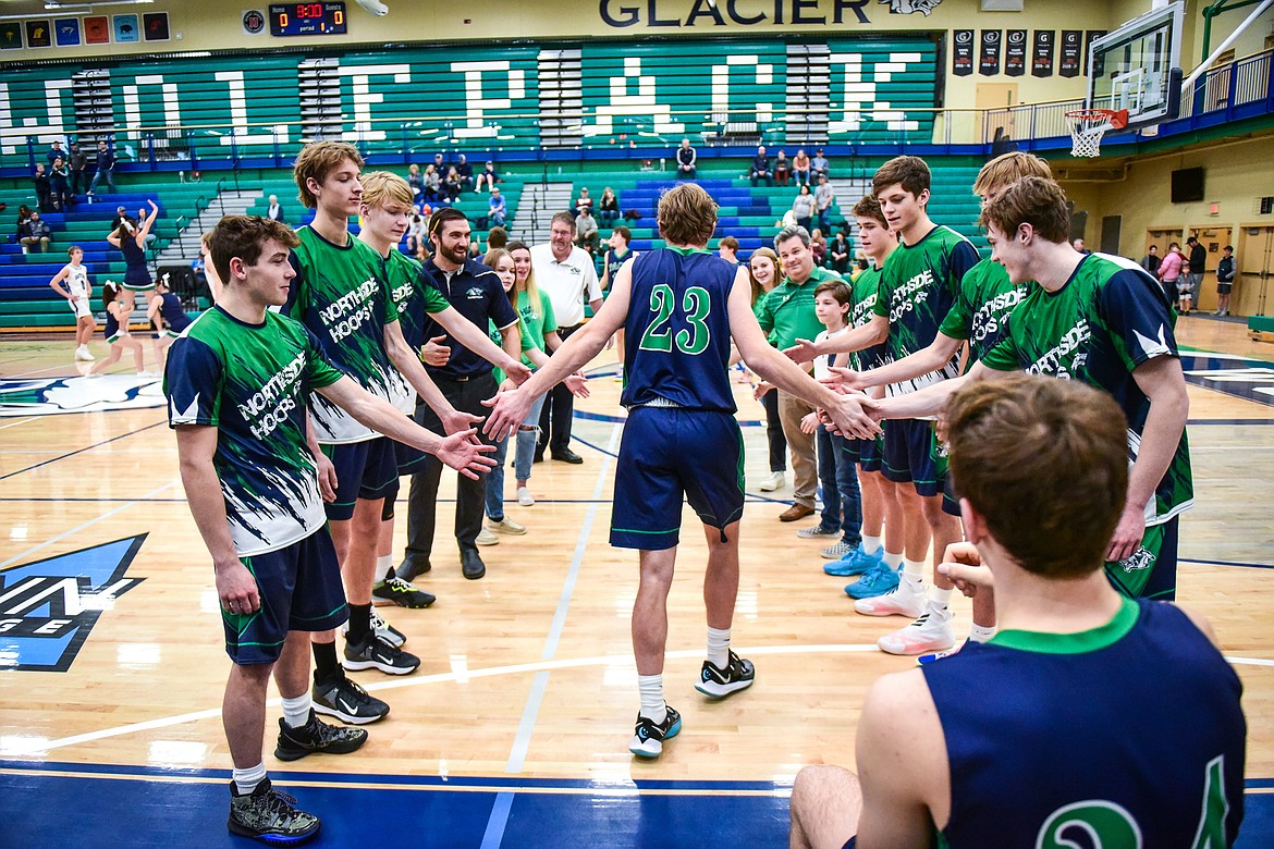 Glacier's Will Salonen (23) is introduced as the Wolfpack take the court for a game against Gallatin on Saturday, Dec. 18. (Casey Kreider/Daily Inter Lake)