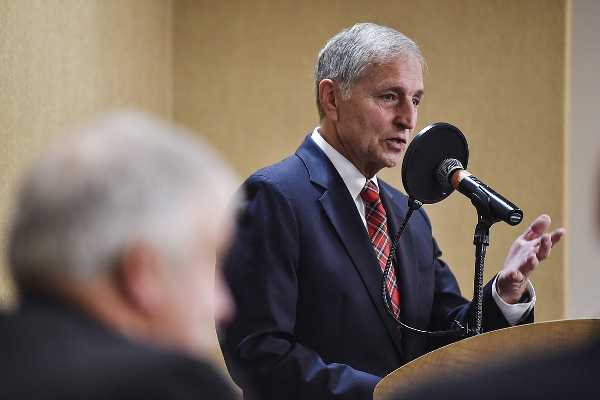 Former Gov. Marc Racicot speaks at a Montana Taxpayers Association meeting at the Great Northern Hotel, on Dec. 8, 2021, in Helena, Mont. The Republican said there are serious warning signs that the U.S. Constitution and republic are at risk. (Thom Bridge/Independent Record via AP)