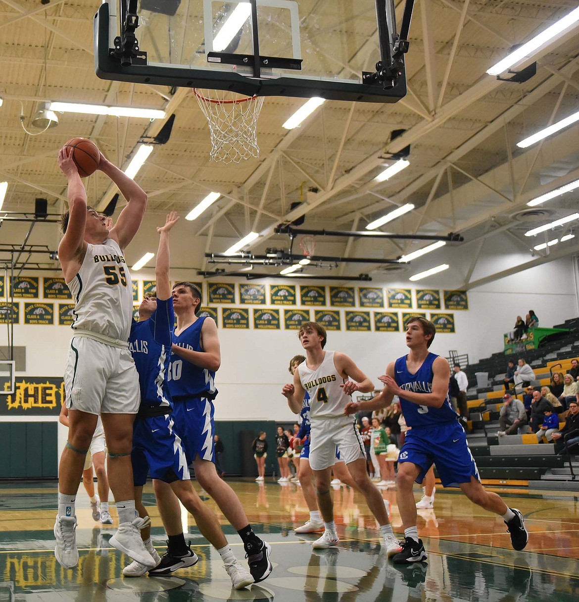 Whitefish’s Talon Holmquist rises up to the basket against Corvallis Friday night at the Dawg Pound. (Heidi Desch/Whitefish Pilot)