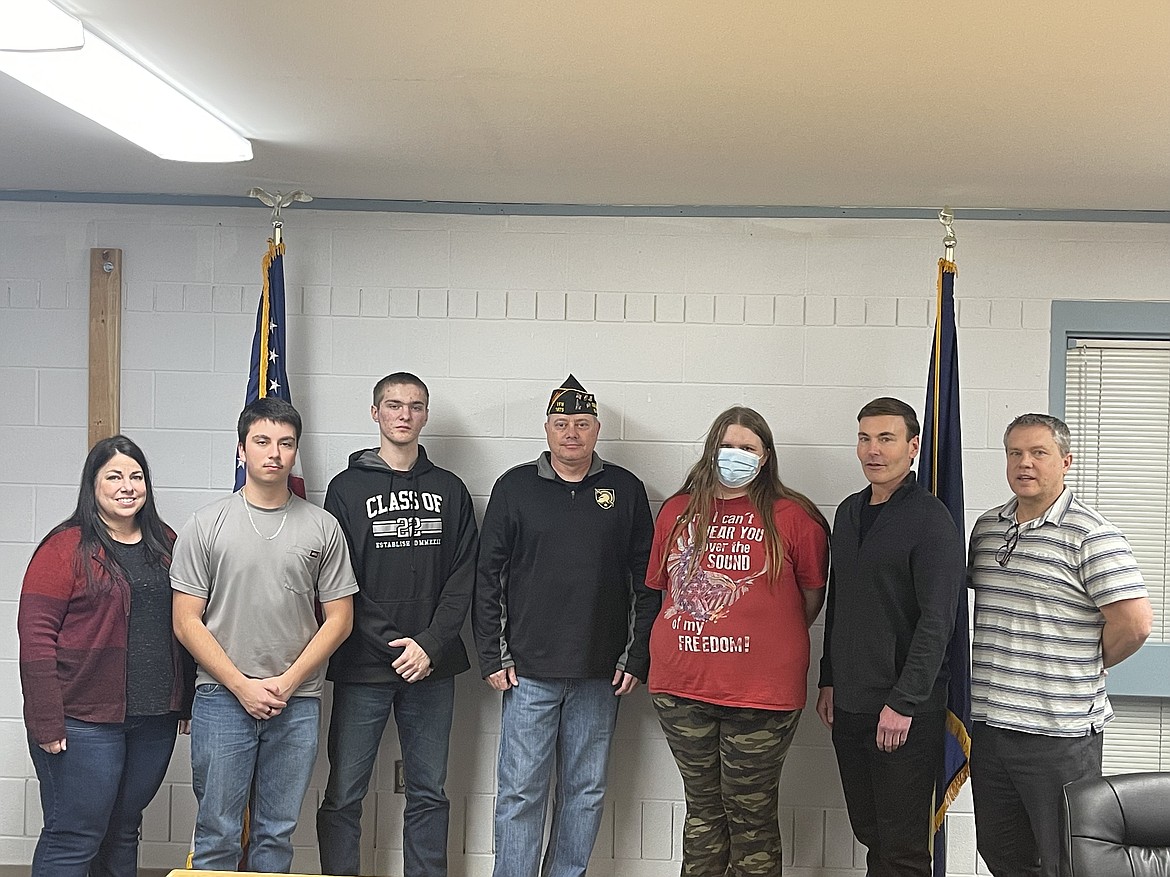 The Kellogg School District had three students place during two different VFW essay contests. Pictured (from left) are Tori Sheppard: KHS Government Teacher, Senior — Kameron Ulibarri: 3rd place Voice of Democracy, Senior — Sean Artis: 2nd place Voice of Democracy, VFW Post 1675 Post Commander Chris Marker, eighth-grader Deztiny Raiha: 1st place Patriot's Pen, Scott White: KMS English Teacher, Lance Pearson: KSD Superintendent.