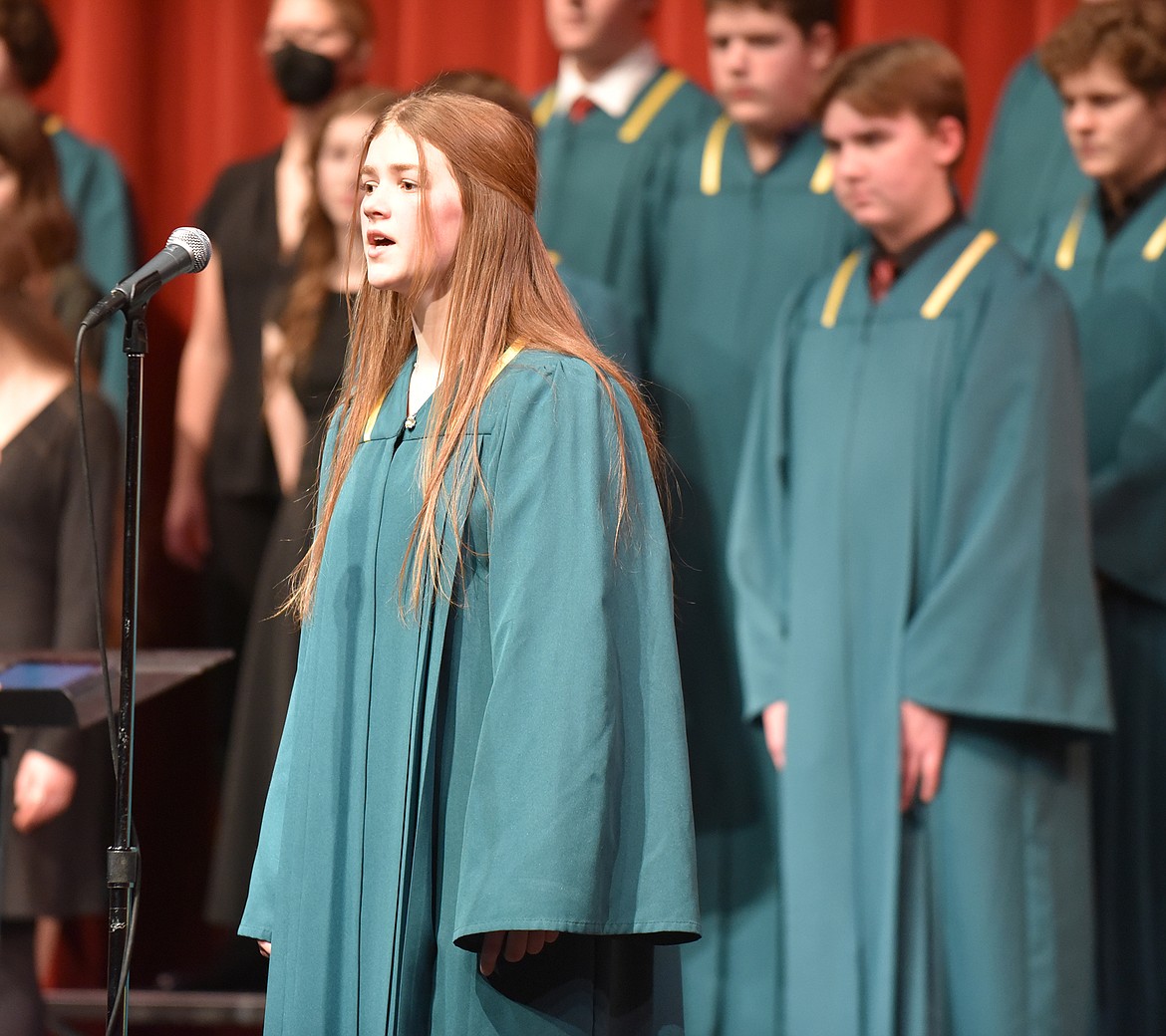 Whitefish High School choir member Rayna Mercer sings a solo during “Castleton Carol” during the Whitefish Schools choir winter concert at the Whitefish Performing Arts Center. (Heidi Desch/Whitefish Pilot)