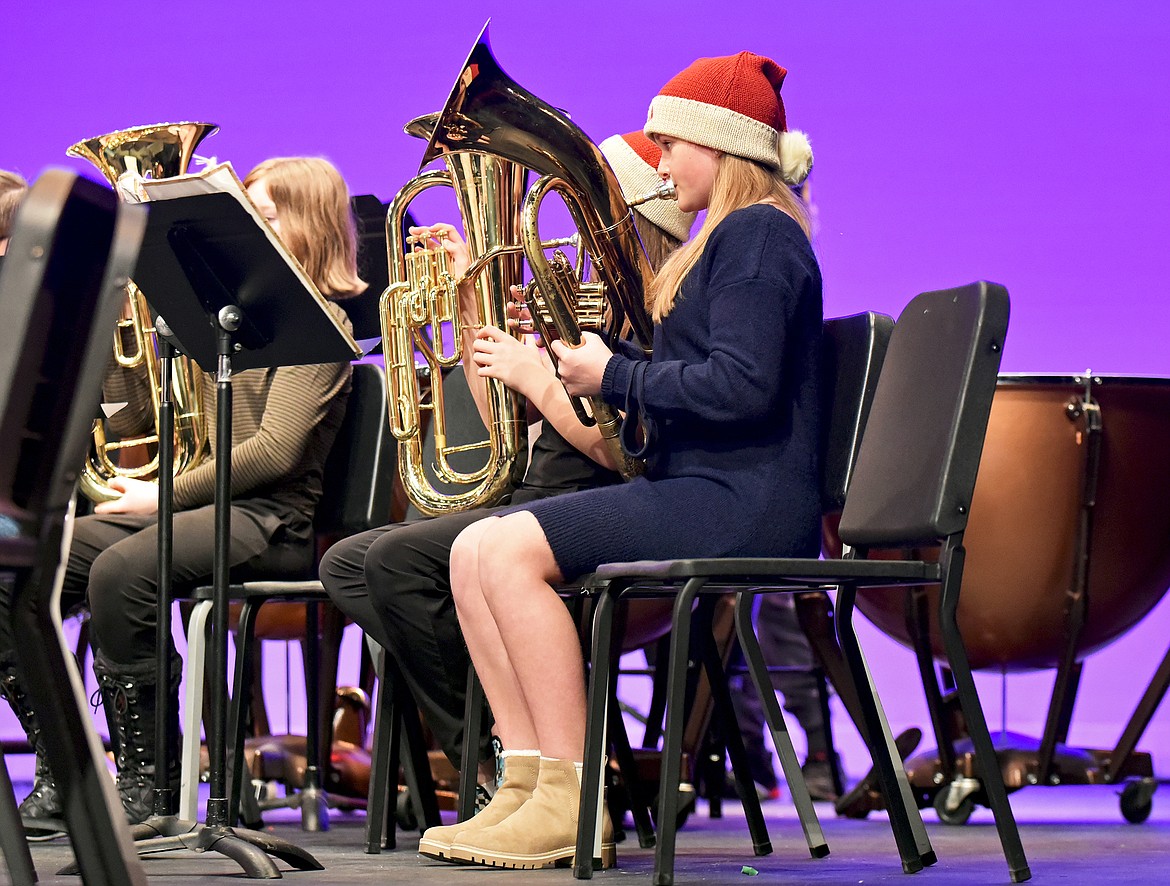 Whitefish Middle School student Lola Zinser plays the euphonium during the Whitefish Bands Winter Concert on Dec. 9 at the Whitefish Performing Arts Center. (Whitney England/Whitefish Pilot)