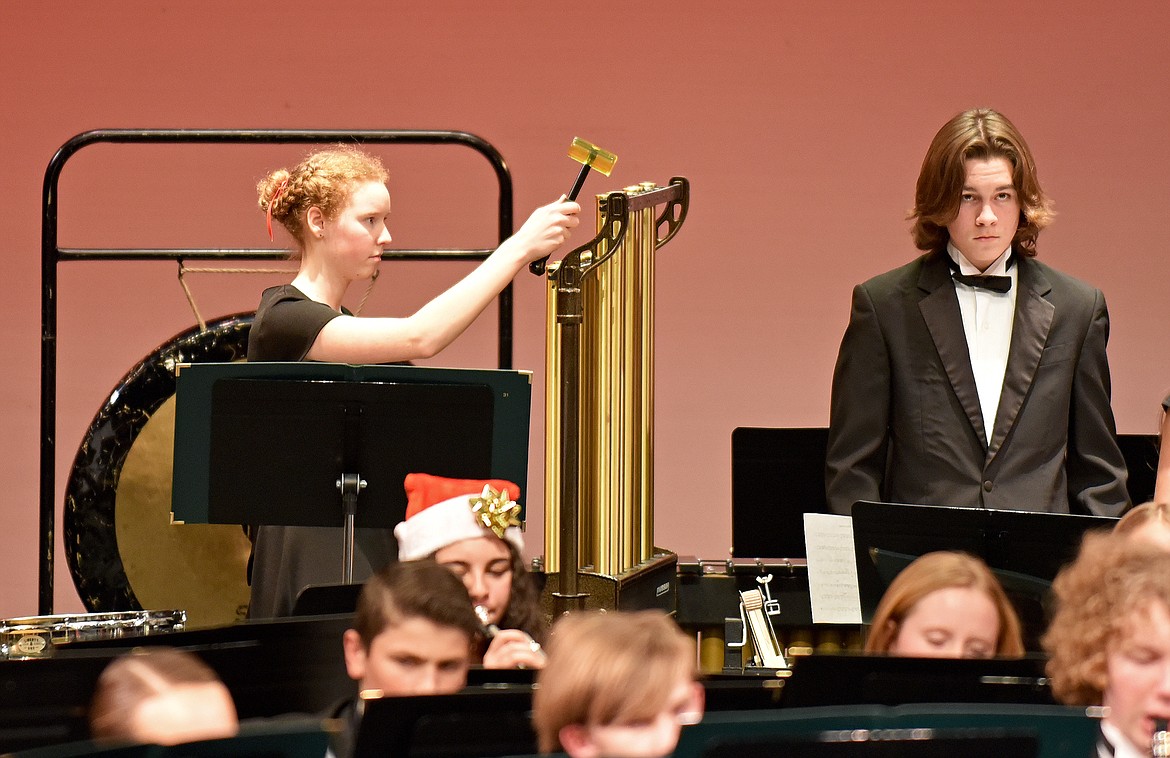 WHS percussionists Rachel Bowland Tristan Shoff perform in the Whitefish Bands Winter Concert on Dec. 9 at the Whitefish Performing Arts Center. (Whitney England/Whitefish Pilot)