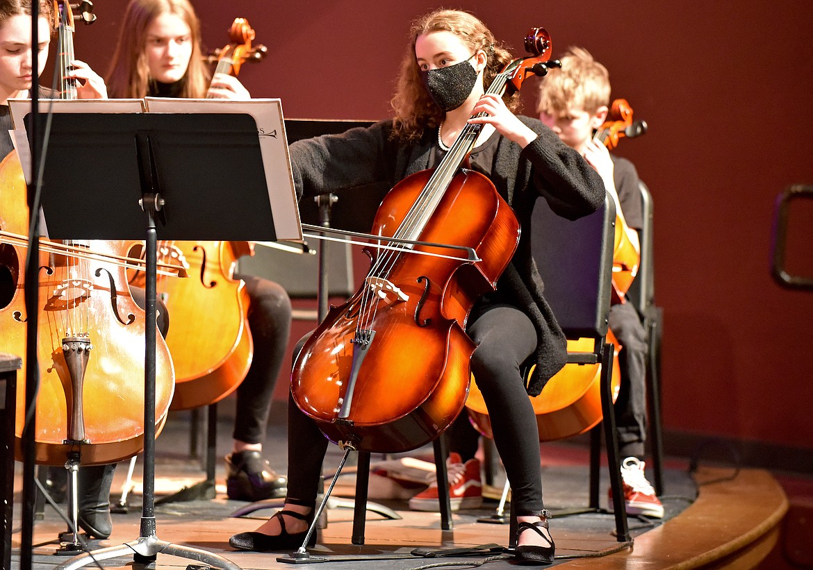 WMS student Teagan Chisholm plays the cello with the seventh grade orchestra during the holiday concert on Dec. 7 at the Whitefish Performing Arts Center. (Whitney England/Whitefish Pilot)