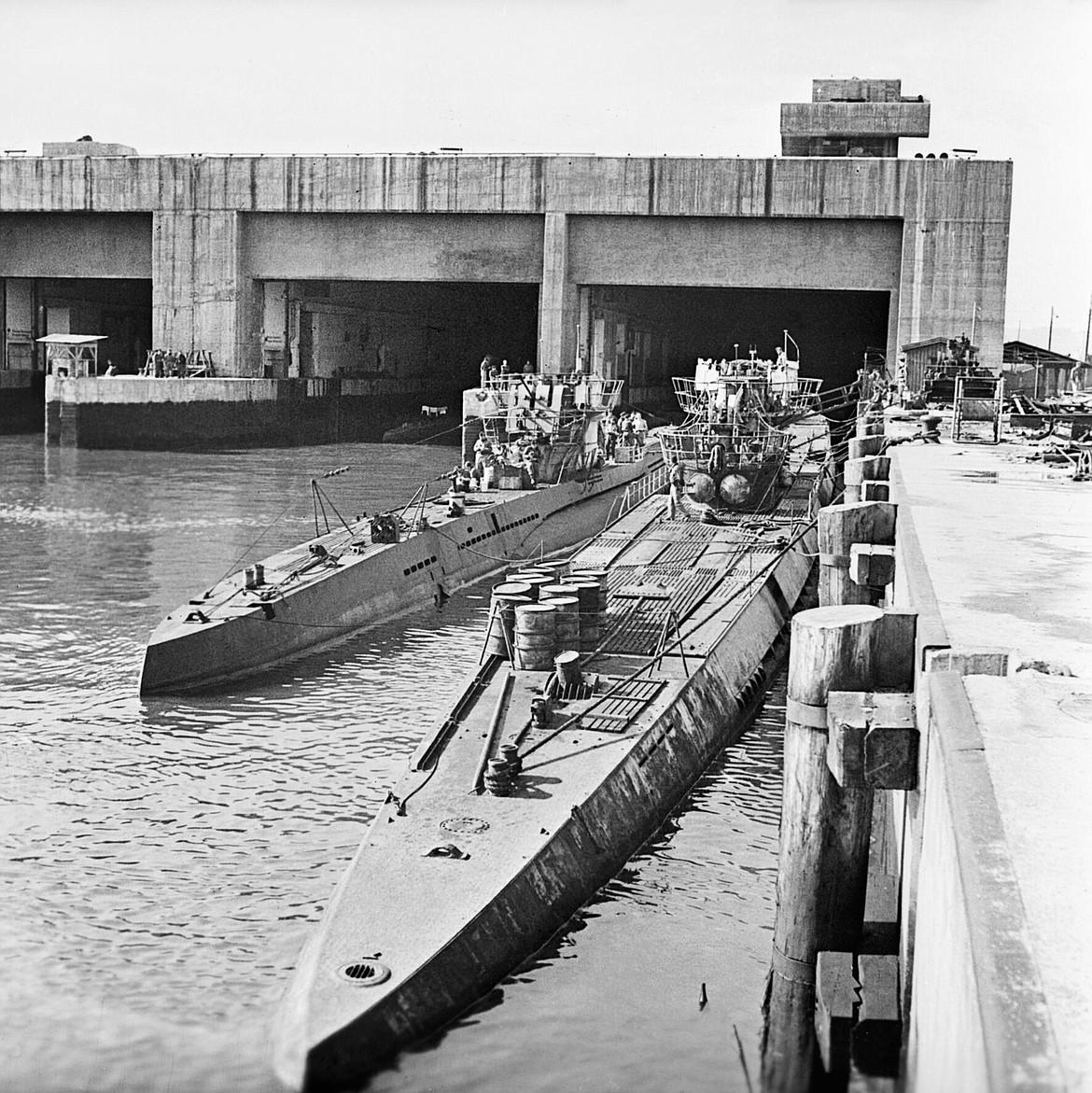 Captured World War II German U-boats outside their pen at Trondheim in Norway (May 19, 1945).