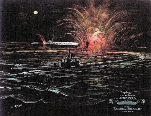 Painting depicting World War II submarine USS Pintado (SS-387) sinking Japanese destroyer Akikaze with a barrage of torpedoes while it was protecting aircraft carrier Junyo near Taiwan (1944).