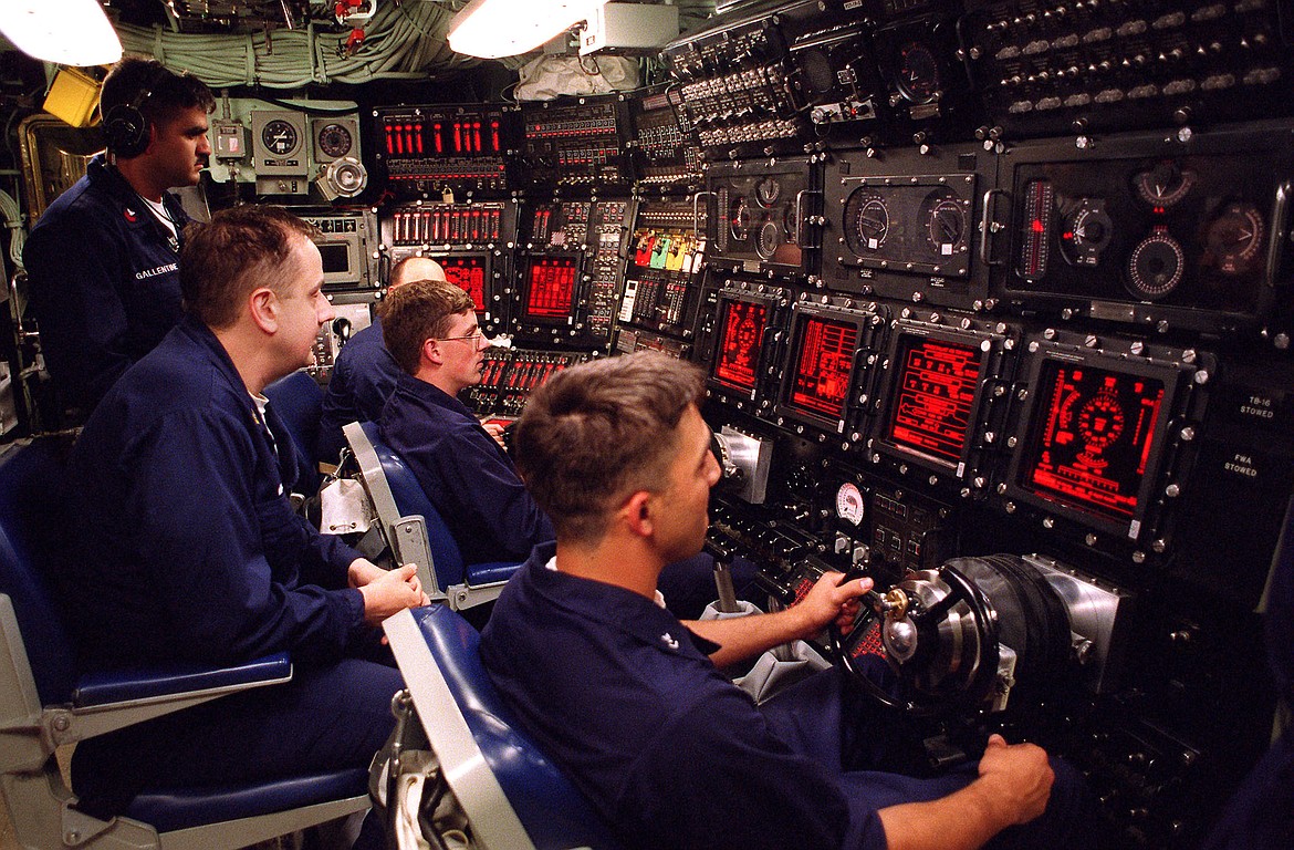 Control room aboard nuclear-powered fast attack submarine USS Seawolf (SSN-21) manned by a crew of 116.
