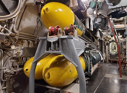 Torpedo room of World War II submarine USS Cod (SS-224) now on display as a National Historic Landmark in Cleveland, Ohio.