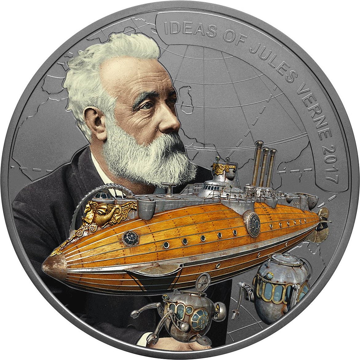 Coin depicting Jules Verne and his fictional submarine Nautilus.