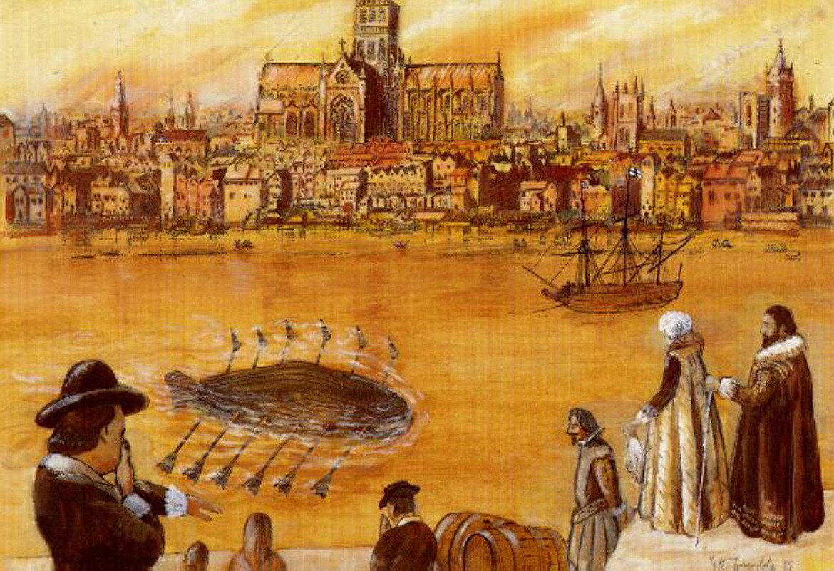 Submarine invented by Dutchman Cornelis Drebbel was demonstrated on the Thames in London, possibly with King James I on board the third prototype.