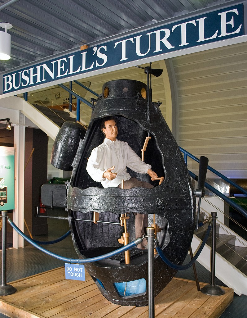 Full-size mockup of Bushnell "Turtle," a one-man submarine and the world's first military submarine used in action, on display at the U.S. Navy Submarine Force Museum and Library in Groton, Conn.