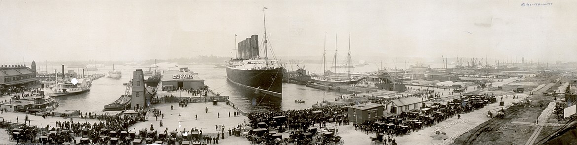 The RMS Lusitania shown in this panorama photo was taken in New York just before leaving on return voyage to Britain that ended in being torpedoed by a German U-boat 11 miles off the south coast of Ireland.