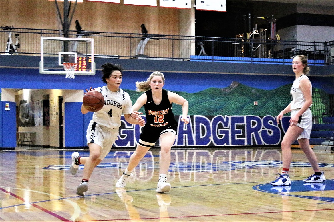 Kara Villaluz (left) bring the ball up the court against Priest River Tuesday, Dec. 21. Villaluz had four points and made magic happen with quick looks and sneaky passes, racking up assists.