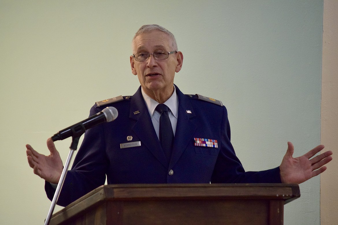 Maj. Jerome Bonneville, commander of the Civil Air Patrol’s Columbia Basin Composite Squadron based at the Ephrata Municipal Airport, speaking at a dinner Dec. 16 marking the patrol’s 80th anniversary.