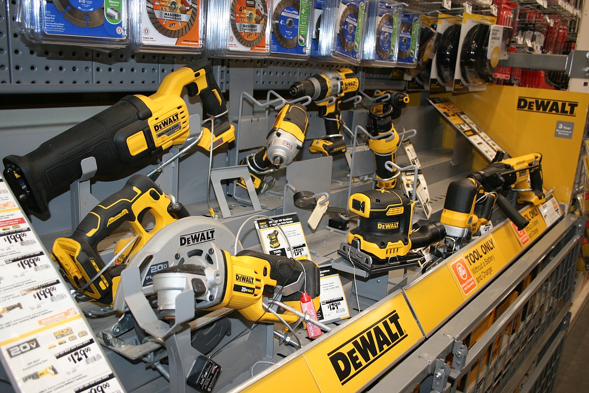 Power tools, with some gaps shown here, fill the shelves at a local home improvement store, one of the possibilities for last-minute shoppers looking for gifts for DIYers.